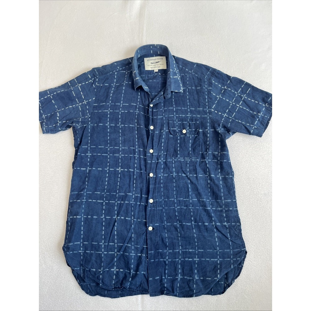 Eighteen Waits Mens Blue Grid Print Short Sleeve Cotton Button Front Shirt M
